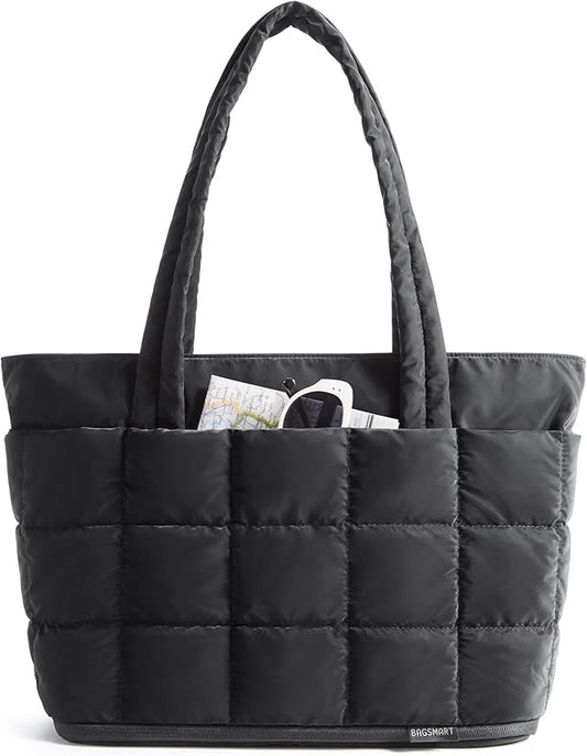 BAGSMART Expandable Tote Bag for Women, Puffer Work Tote Handbag, Quilted Carry On Bag for Travel Gym