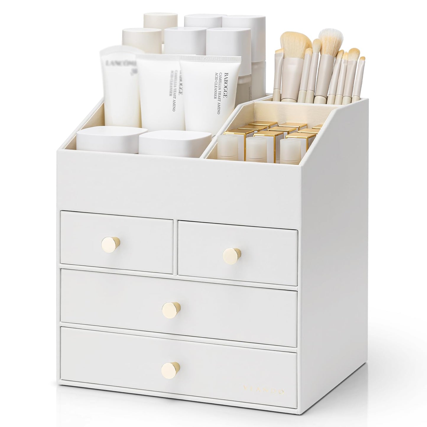 VLANDO Makeup Organzier,Vanity Organizer with Drawers, PU Leather Skincare Organizer Perfume Organizer,Large Cosmetic Display Case for Lipstick,Brushes Gifts for Women, White, 4 Layer