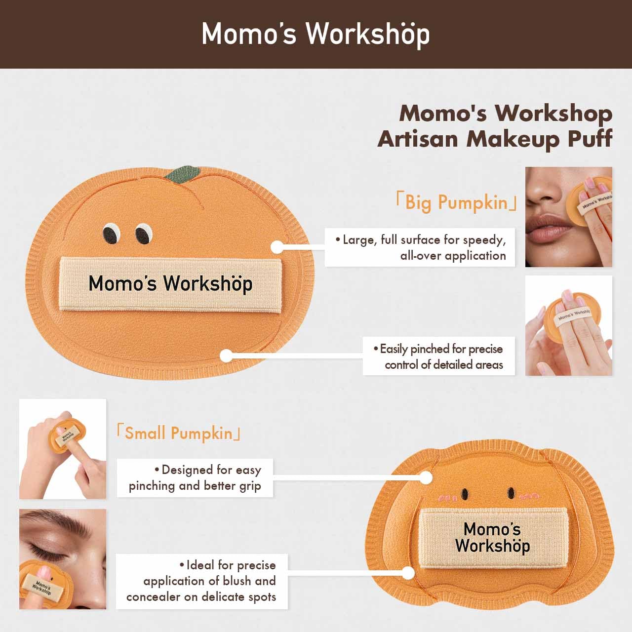 Momo's Workshop Pumpkin Makeup Sponge 3Pcs Rubycell Large+2Mini for Foundation & Concealer