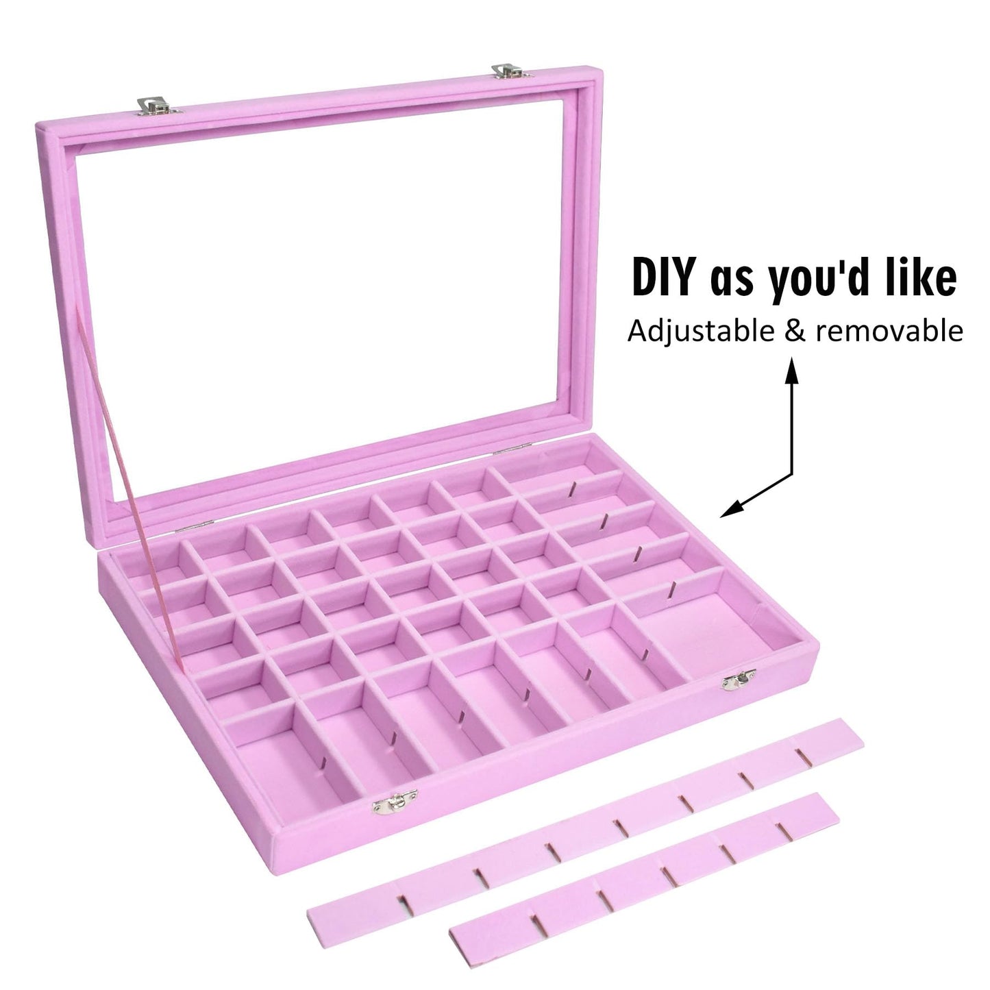 Siveit Velvet Jewelry Tray 48 Grid Jewelry Display Tray Organizer Box with Transparent Lid Rings Earrings Necklaces Pendants Display Box Suitable for Women and Girls (Pink)