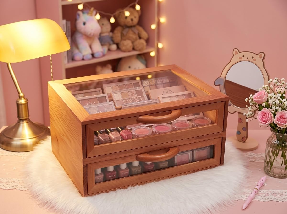MXWLEIEL Wood Stackable Storage Drawers,Clear Lid Acrylic Makeup Organizer for,Desk Organizers, Beauty Supplies,Makeup Palettes,Home Organization (2, Wooden Orange)