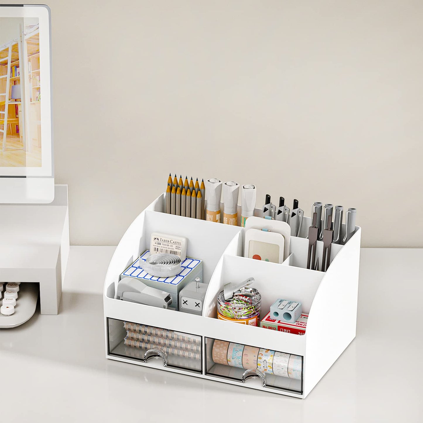 COMFYROOM Desk Organizer with 6 Compartments and 2 Drawers, Plastic Makeup Organizer, Pen Holder for Desktop Storage, Desk Organization for School, Home, Office Supplies (White-2Pack)