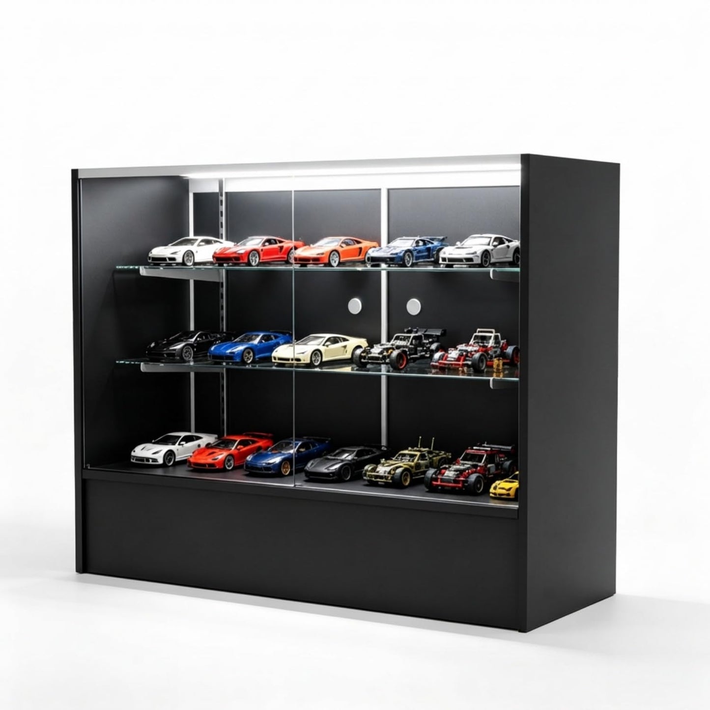 48" W x 38" H x 18" D - Full View Retail Display Cabinet, Black Wooden Frame Glass Display Cabinet with LED Lighting and Adjustable Glass Shelves