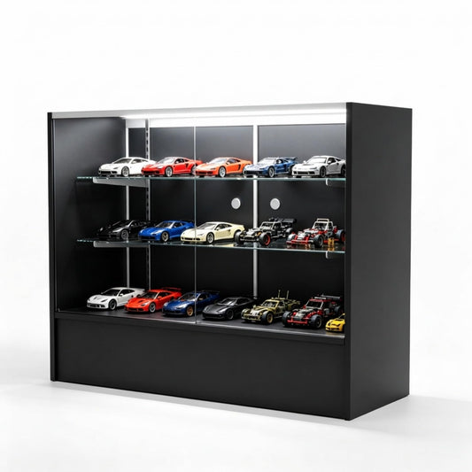 48" W x 38" H x 18" D - Full View Retail Display Cabinet, Black Wooden Frame Glass Display Cabinet with LED Lighting and Adjustable Glass Shelves