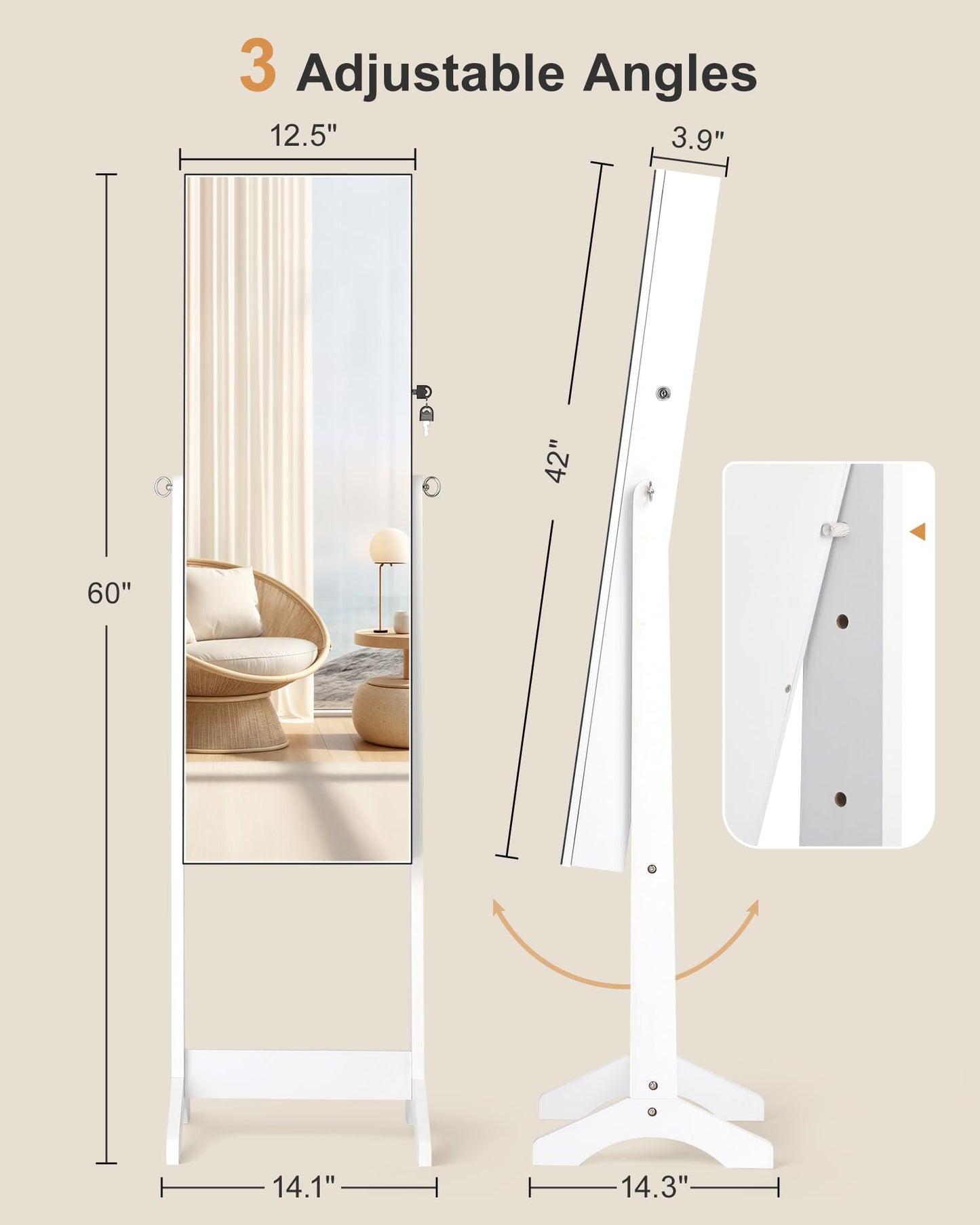 Nicetree Jewelry Cabinet Armoire, Freestanding Jewelry Armoire Organizer with Full-Length Mirror, Lockable Jewelry Storage Cabinet, Frameless Mirror, 3 Adjustable Angles, Moon White