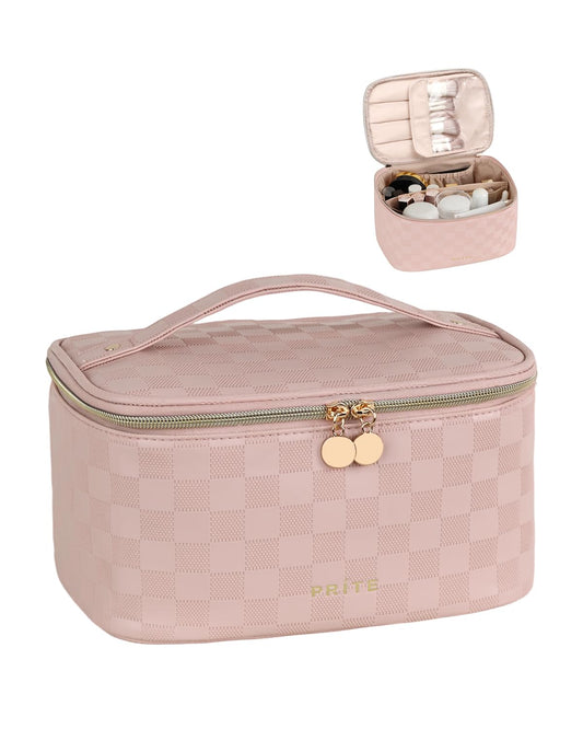 Prite Makeup Bag, Large Capacity Cosmetic Bag for Women and Girls, Waterproof PU Leather Travel Case with Handle, Divider for Skincare and Brushes - Checkered Pink