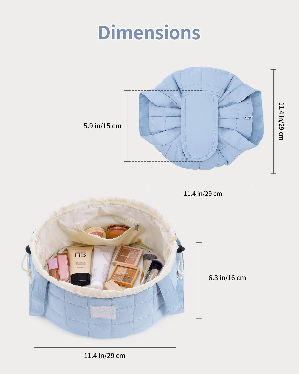 Narwey Lay Flat Open Drawstring Puffer Makeup Bag, Large Quilted Cosmetic Bag for Women Girls, Cute Make up Bags with Handle, Travel Toiletry Bag for Skincare, Brushes & Travel Essentials (Blue)