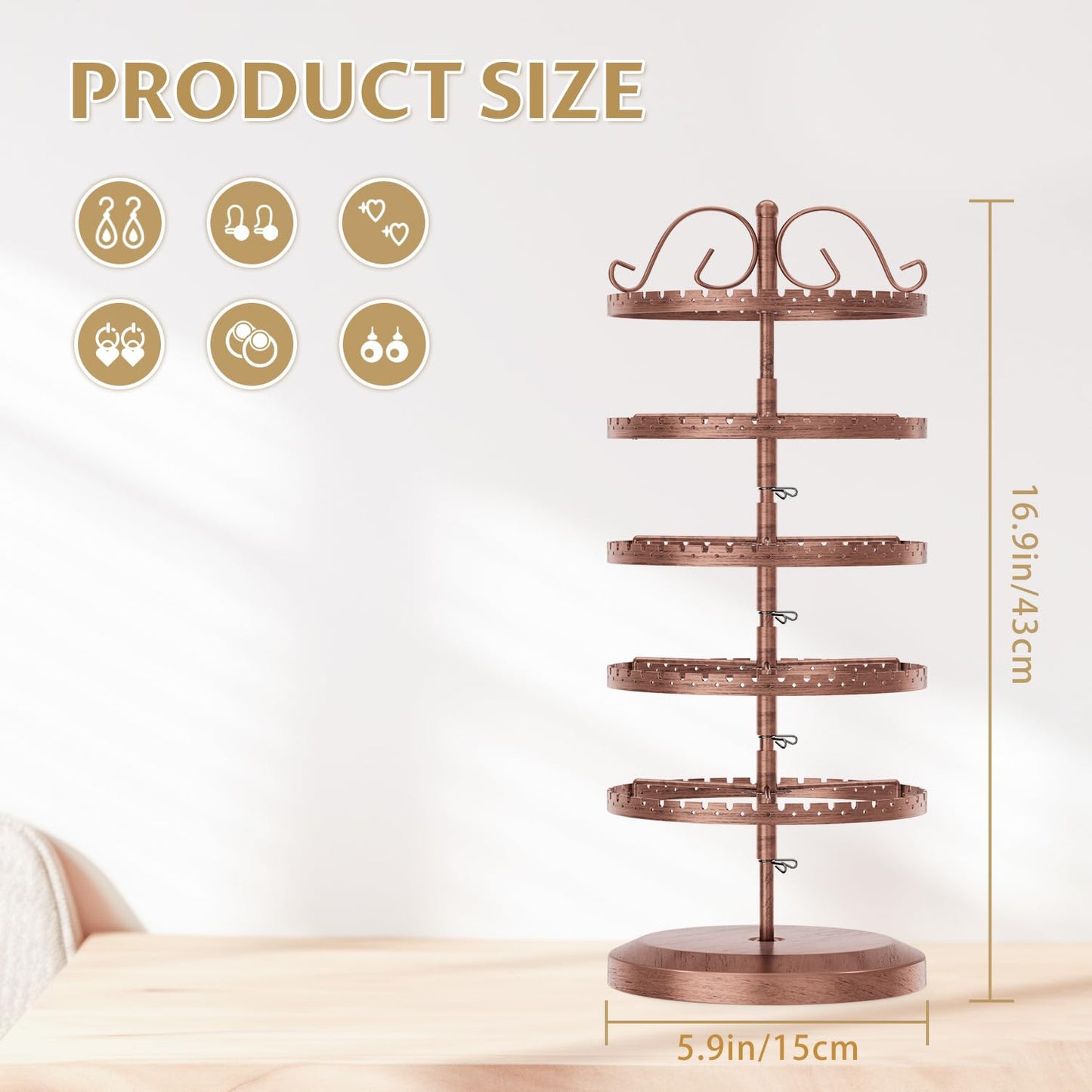 LASZOLA 5 Tier Bronze Earring Holder Organizer Tree Women Display Storage for Stud and Hoop, Large Cool Rotating Clip Stand for Pierced and Dangle Earring, Vertical Metal Tower Carousel with 400 Holes