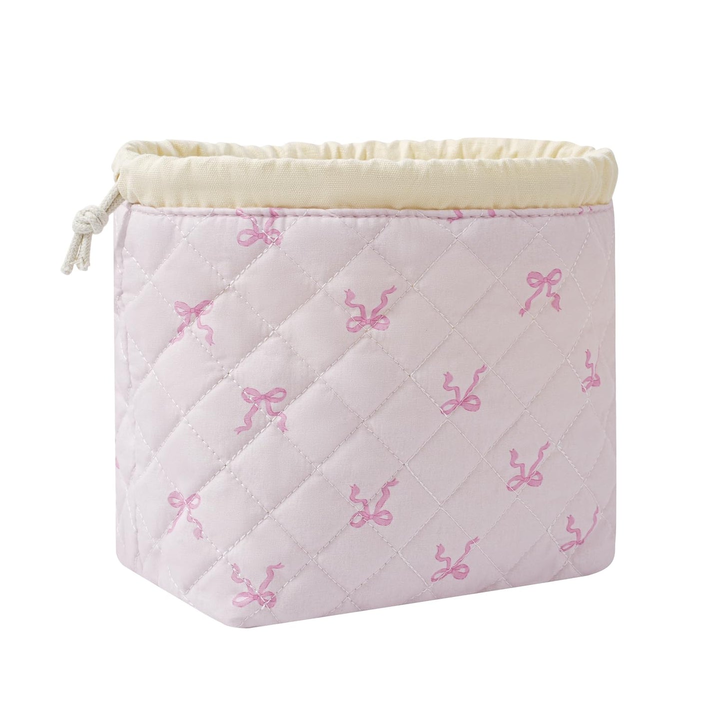 Cotton Quilted Drawstring Makeup Bag with Canvas Lining,Coquette Aesthetic Cute Travel Toiletry Bag,Drawstring Gift Bag for Women and Girls（13Small Pink Bow）