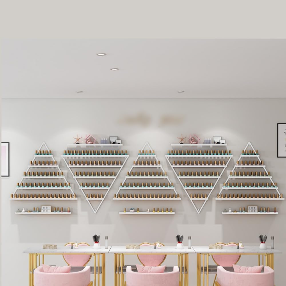 BANEBONE Elegant Wall Mounted Nail Polish Storage Rack Set of 10 Triangular Cosmetic Display Shelves for Essential Oil Bottles, Organize Your Lipsticks and Perfumes in Style at Home or Salon (White)