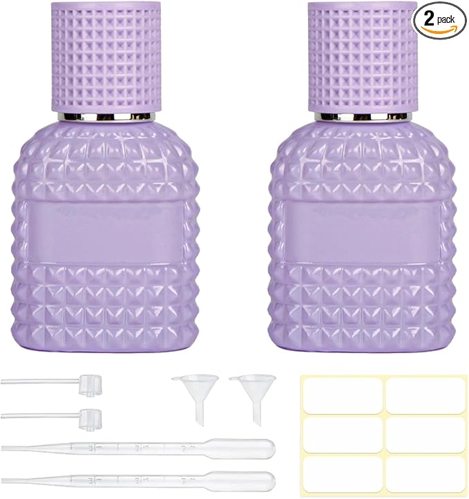 2 Pack 30ml Perfume Spray Bottles Empty, Refillable Glass Fine Mist Atomizer, Portable Travel Perfume Atomizers Fragrance Containers Sprayer for Cleaning, Essential Oils, Liquids (Purple)