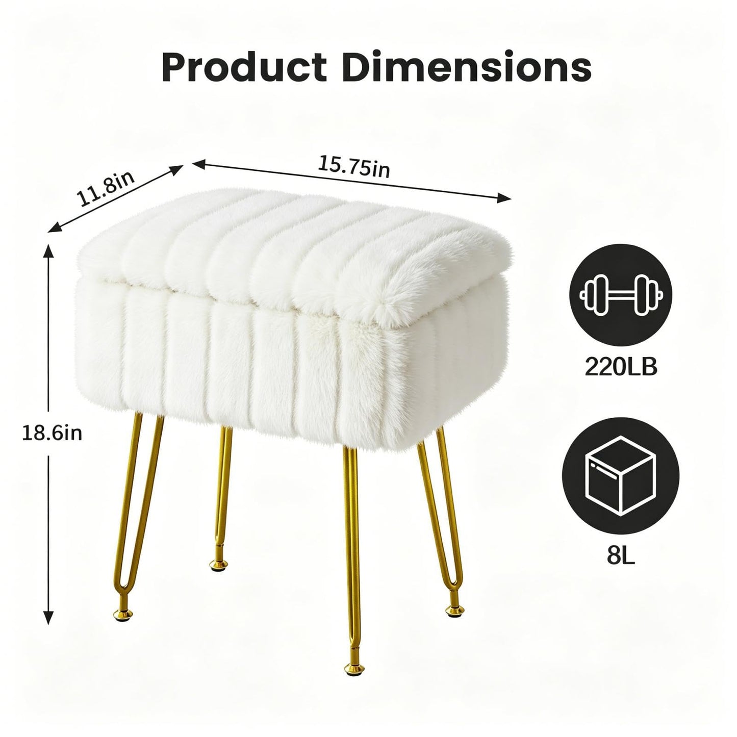 FUXA Vanity Stool Chair with Storage, White Faux Fur Makeup Chair with 4 Metal Legs and Anti-Slip Feet, Soft Padded Seat, Small Footrest Footstool Ottoman, Multifunctional Stool for Bedroom