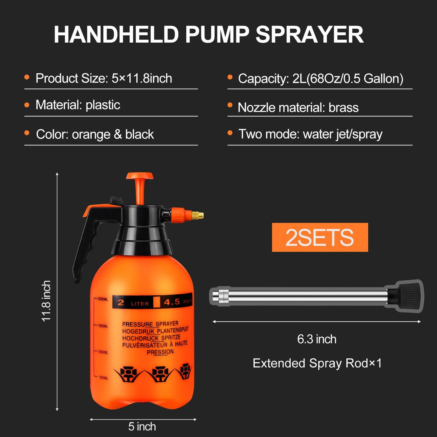 Acellegic 2 Set Handheld Pump Sprayer 2l Garden Pump Sprayers Adjustable Water Spray Bottles with Steel Nozzle Extended Rod for Plant Mist Watering Spraying Fertilizing Cleaning