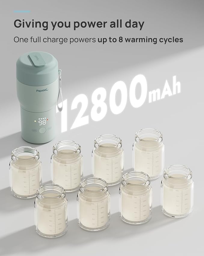 Papablic Pro Portable Bottle Warmer — 115W Fastest Heating, Built-in Sterilizer, 8 Feeds per Charge, 5 Temp Settings + Keep Warm, for Breastmilk & Formula, Mint Green