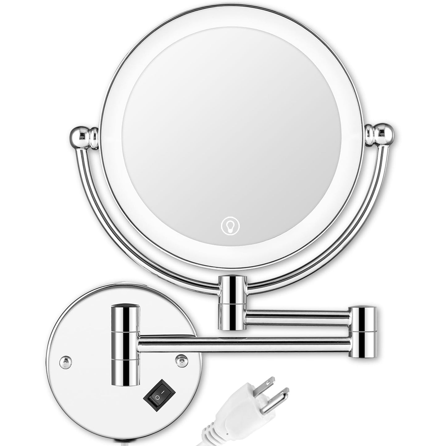 AMZNEVO Wall Mounted Makeup Mirror with Magnification, 8" 1X/10X Magnifying Mirror Wall Mounted for Bathroom, 3 Color Light, Touch Dimmable, 360° Swivel, Extendable Arm, 2-Sided, Plug-in & Hardwire