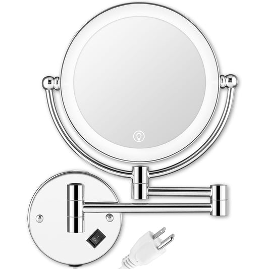 AMZNEVO Wall Mounted Makeup Mirror with Magnification, 8" 1X/10X Magnifying Mirror Wall Mounted for Bathroom, 3 Color Light, Touch Dimmable, 360° Swivel, Extendable Arm, 2-Sided, Plug-in & Hardwire