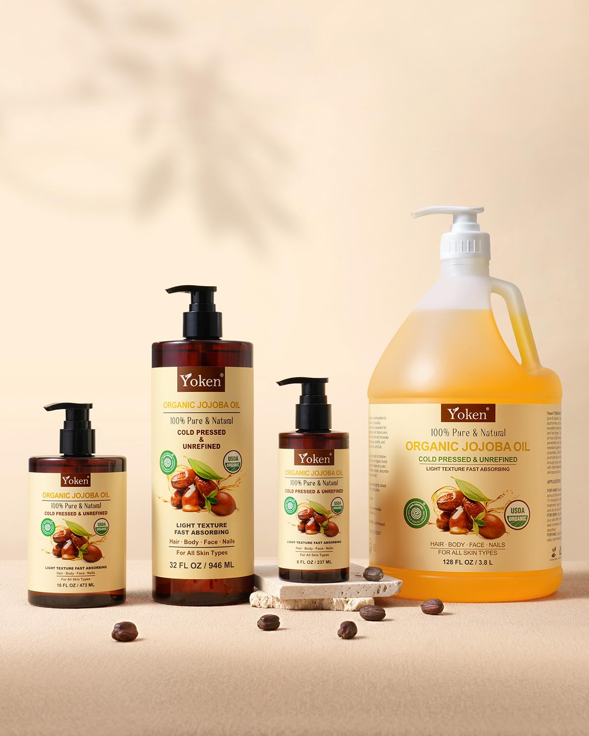 Yoken 32 fl oz (EWG Verified) 100% Pure Jojoba Carrier Oil - Unrefined, Hexane-Free, Cold Pressed for Skin, Face, Hair, Nails, and Massage