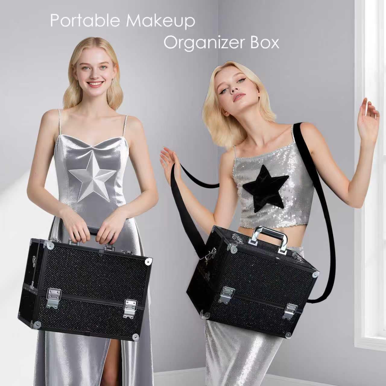 Joligrace Makeup Train Case Large 6 Tray Professional Organizer Box - Cosmetic Make Up Carrier with Lock & Key Carrying Strap for Studio Artist & Stylist Black Rhinestone