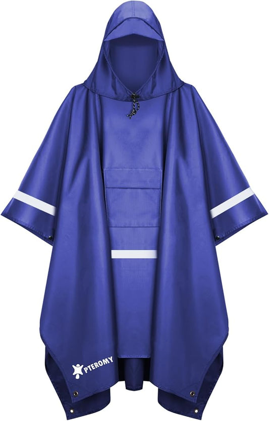 PTEROMY Hooded Rain Poncho for Adult with Pocket, Waterproof Lightweight Unisex Raincoat for Hiking Camping Emergency