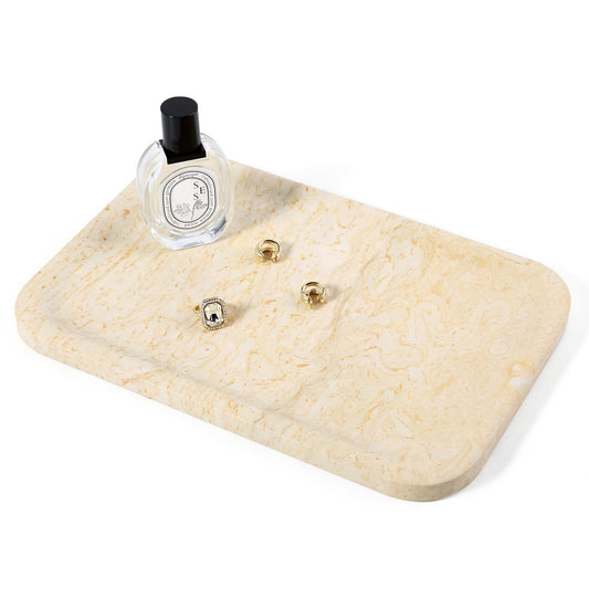 Koville Marble Tray, 12"x8" Marble Vanity Tray for Countertop Bathroom Kitchen Dresser, Decorative Catchall Trays for Perfume Jewelry, Rectangular Stone Serving Tray(Beige)