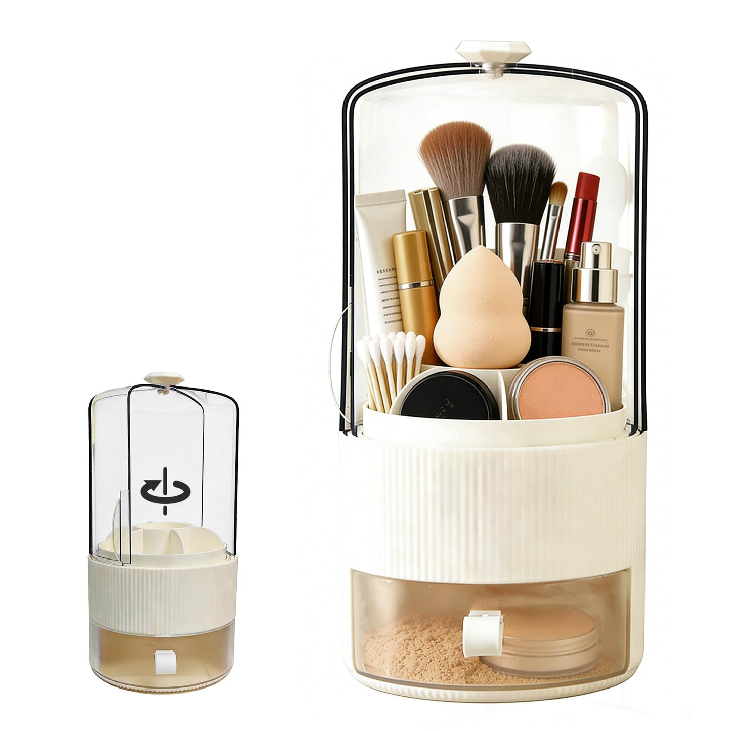 DHSUN Makeup Brush Holder With Lid, 360° Rotating Makeup Brush Organizer With Drawer, Toothbrush Holder With Cover & 7-Compartment (White)