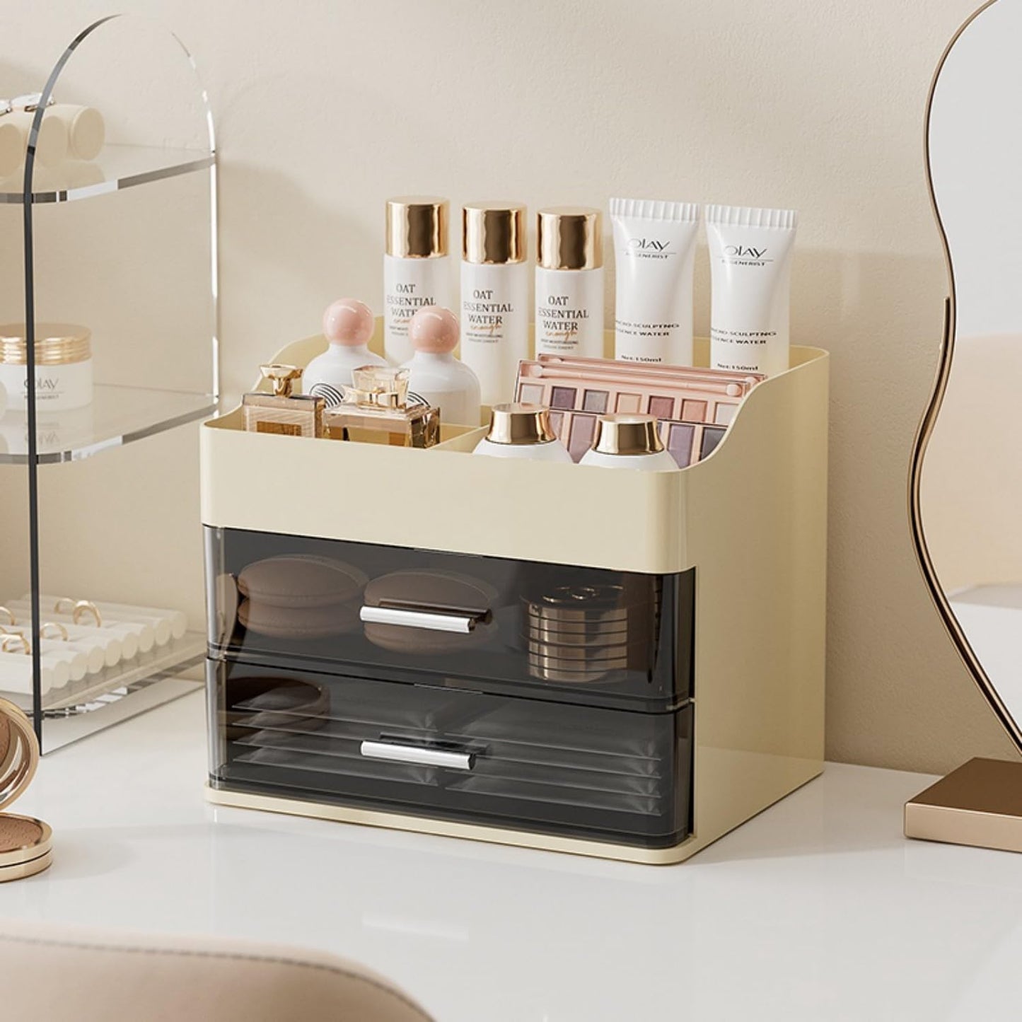 Makeup Organizer for Vanity,Vanity Organizer with 2 Drawers,Makeup&skincare Organizers Countertop,Cosmetic Display Case,Vanity Storage Box(Cream)