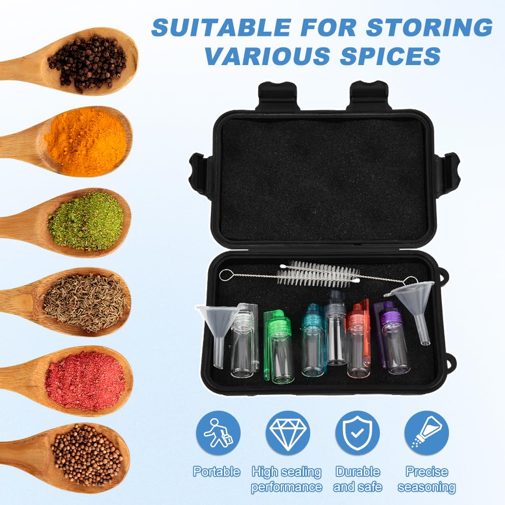 NOVYQREN Mini Glass Spice Jars Set,with 6 Pcs Mini Seasoning Bottles and Storage Box Leak-Proof Refillable Spice for Salt, Pepper, and Barbecue Seasoning for BBQ RV and Picnic(11 pcs)