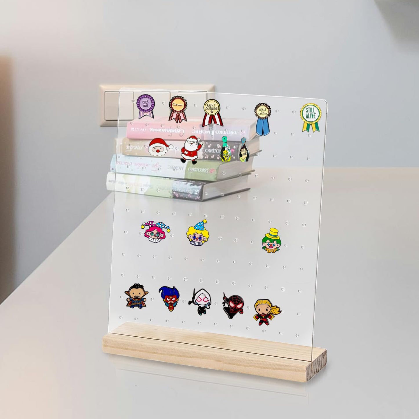 LOSYHU 3 Pack Acrylic Enamel Pin Display Stand with Wood Base, Tabletop Pin Organizer Display Storage Stand Acrylic Pin Holder Display for Badges Pins Collectible, Hold up to 132 Pins