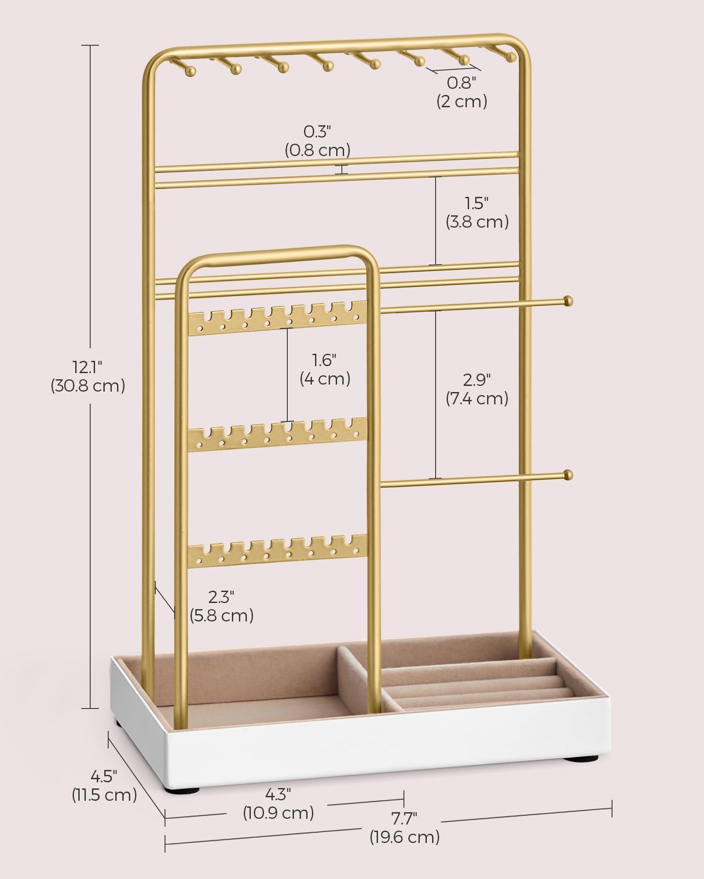 SONGMICS Set of 2 Jewelry Holders, Jewelry Organizers Display Stands with Metal Frame, Velvet Tray, Necklace Earring Bracelet Holders, for Studs, Rings, Gift Idea, Pale Gold UJJS021A01V1-2J