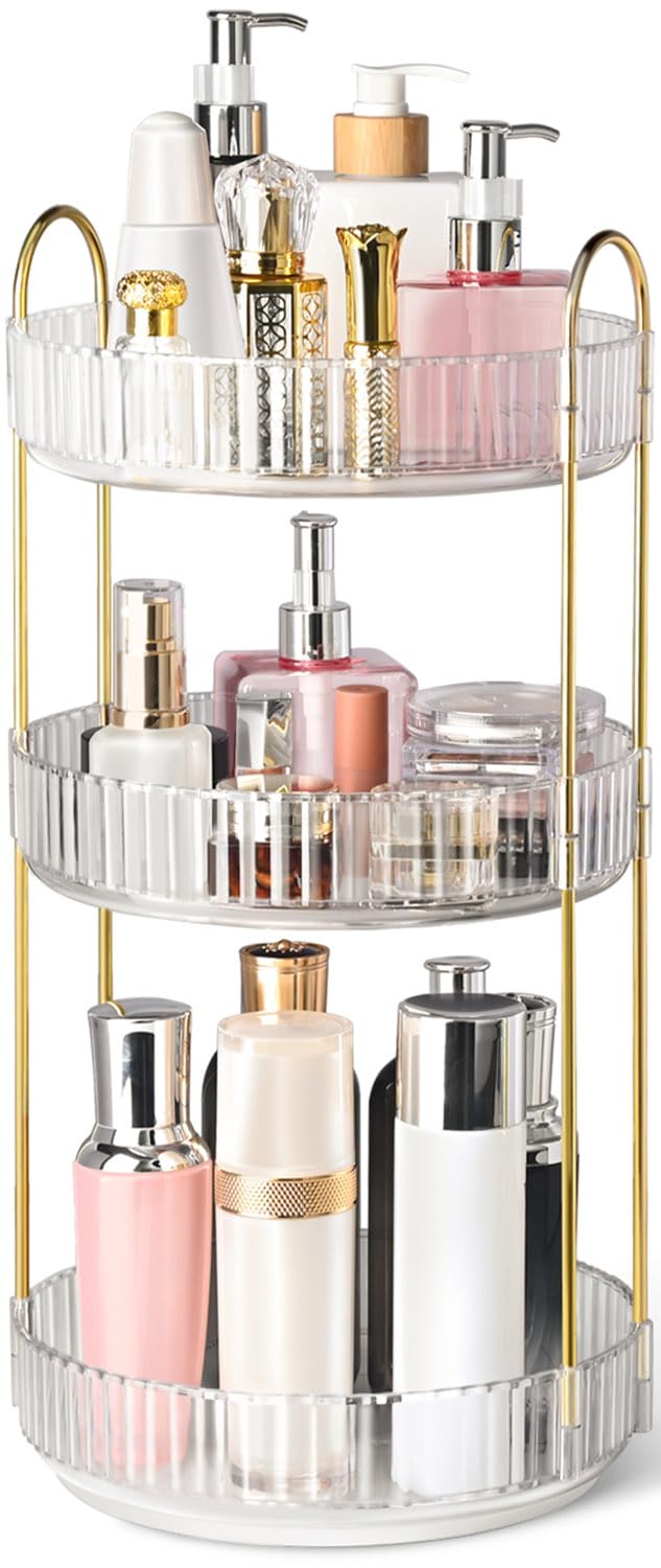 360° Rotating Makeup Organizer for Vanity, 3 Tier Perfume Organizers Skincare Organizers and Storage for Bathroom Countertop, Spinning Cosmetic Organizer for Bedroom Dresser Counter (Clear)
