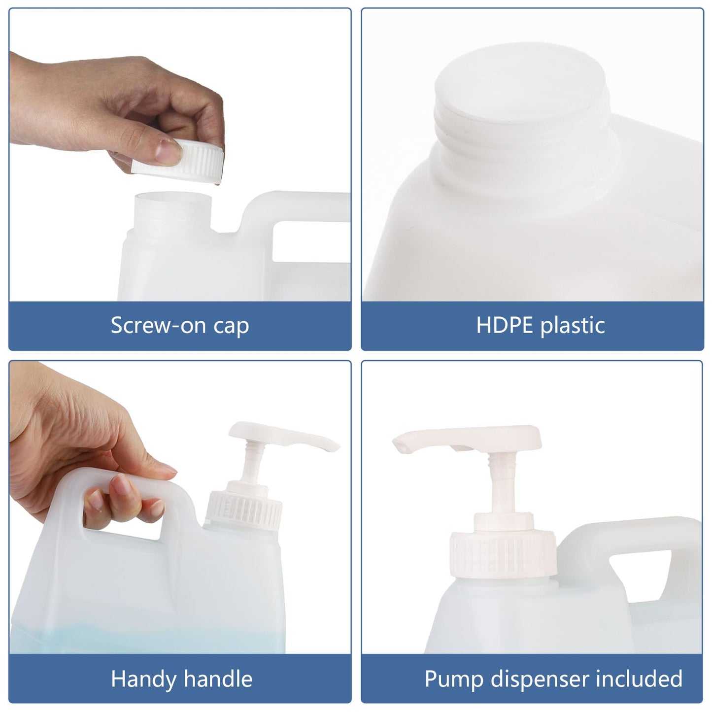 BPFY 6 Pack 64 oz Clear Plastic Jugs with Pumps, Camping Water Jug Storage Containers with Ergonomic Handle, HDPE Containers Soaps (0.5 Gallon With Pump)