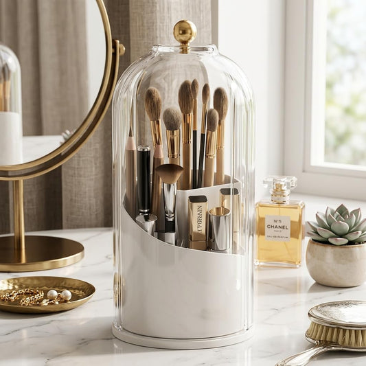 sagact Makeup Brush Holder with Lid 360° Rotating 3-Compartment Makeup Organizers for Vanity, Waterproof & Dustproof Cosmetic Storage Box for Dressing Table (Transparent White)