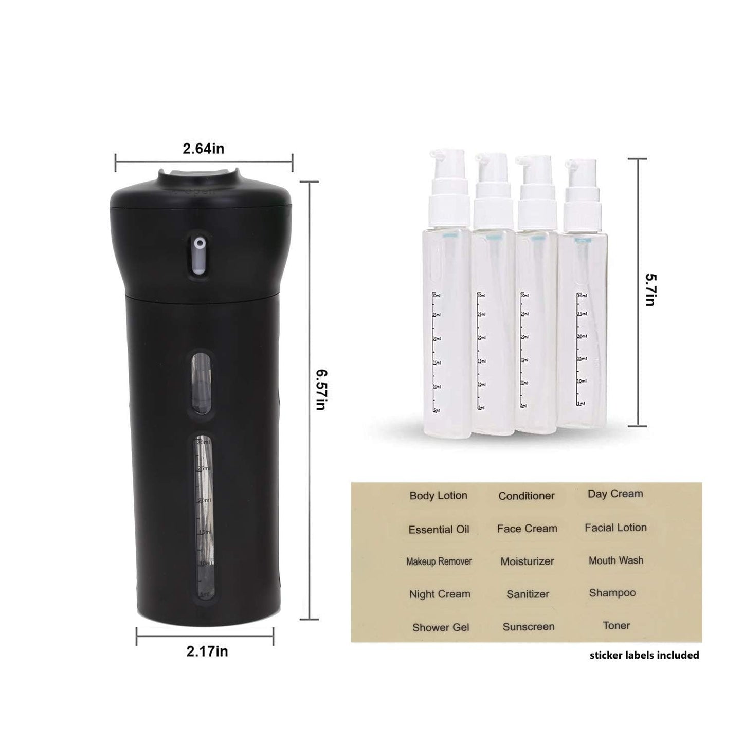 Travigo 4-in-1 Travel Dispenser Bottle, TSA Approved, Leak Proof, Four Reusable 1.4 oz. (40 mL) Toiletry Containers for Shampoo, Conditioner, Soap, Lotion, Skincare (Black)