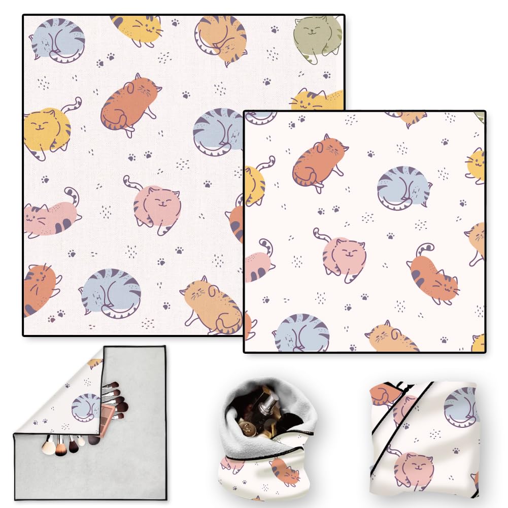 DOODLREAM 2 Sheets Self-Adhesive Magic Cloth Cute Cat Travel Makeup Bag Organizer & Scratch-Resistant Camera Lens Protective Wrap, Reusable Portable Cosmetic Pouch (19.6"x19.6"/13.7"x13.7")