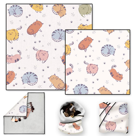DOODLREAM 2 Sheets Self-Adhesive Magic Cloth Cute Cat Travel Makeup Bag Organizer & Scratch-Resistant Camera Lens Protective Wrap, Reusable Portable Cosmetic Pouch (19.6"x19.6"/13.7"x13.7")