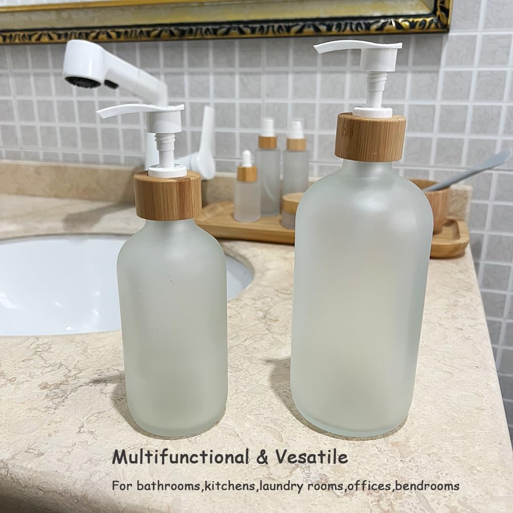 2PCS 500ML/16.6 oz Empty Refillable Frosted Glass Pump Bottles Container Holder Vials Pot Storage with Bamboo Screw Pump Head for Bath Shower Shampoo Hair-Conditioner Cleanser Makeup Liquids