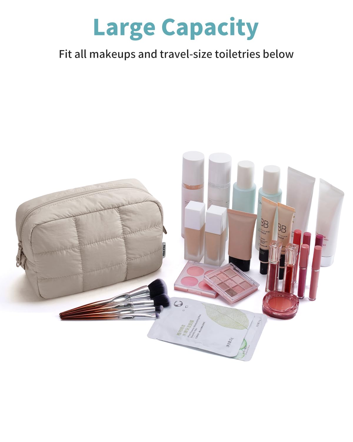 Narwey Quilted Makeup Bag for Women Girl, Puffer Travel Cosmetic Bag Puffy Make Up Bag Organizer, Cute Travel Toiletry Bag for Toiletries (Khaki)