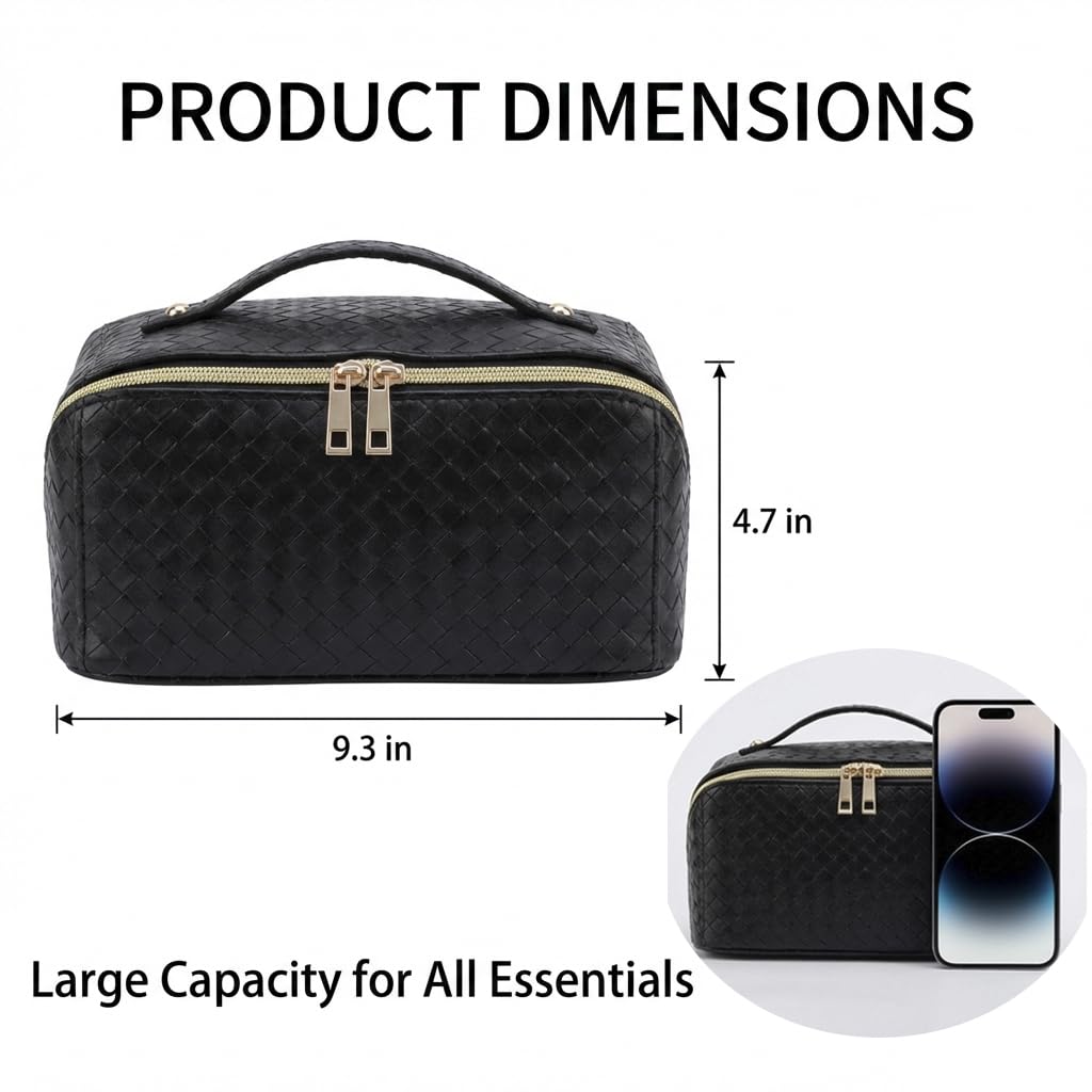 VERNASSA Large Capacity Travel Makeup Bag for Women, Waterproof Portable Cosmetic Bag with Compartments, Foldable Flat Lay Design for Easy Access, Perfect for Toiletries & Beauty Essentials (Black)