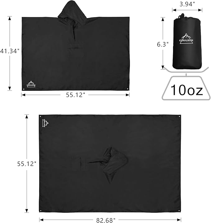 Coralrain Hooded Rain Poncho Lightweight Waterproof Unisex Raincoat Jacket with Pocket for Men Women Adult