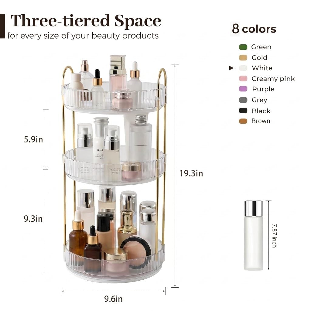 Aveniee Rotating Makeup Organizer for Vanity, Premium Solid Metal Pole Sturdy Construction, Perfume Storage for Bathroom Countertop, Clear Spinning Counter Shelf Cosmetic Holder for Dresser,Gold