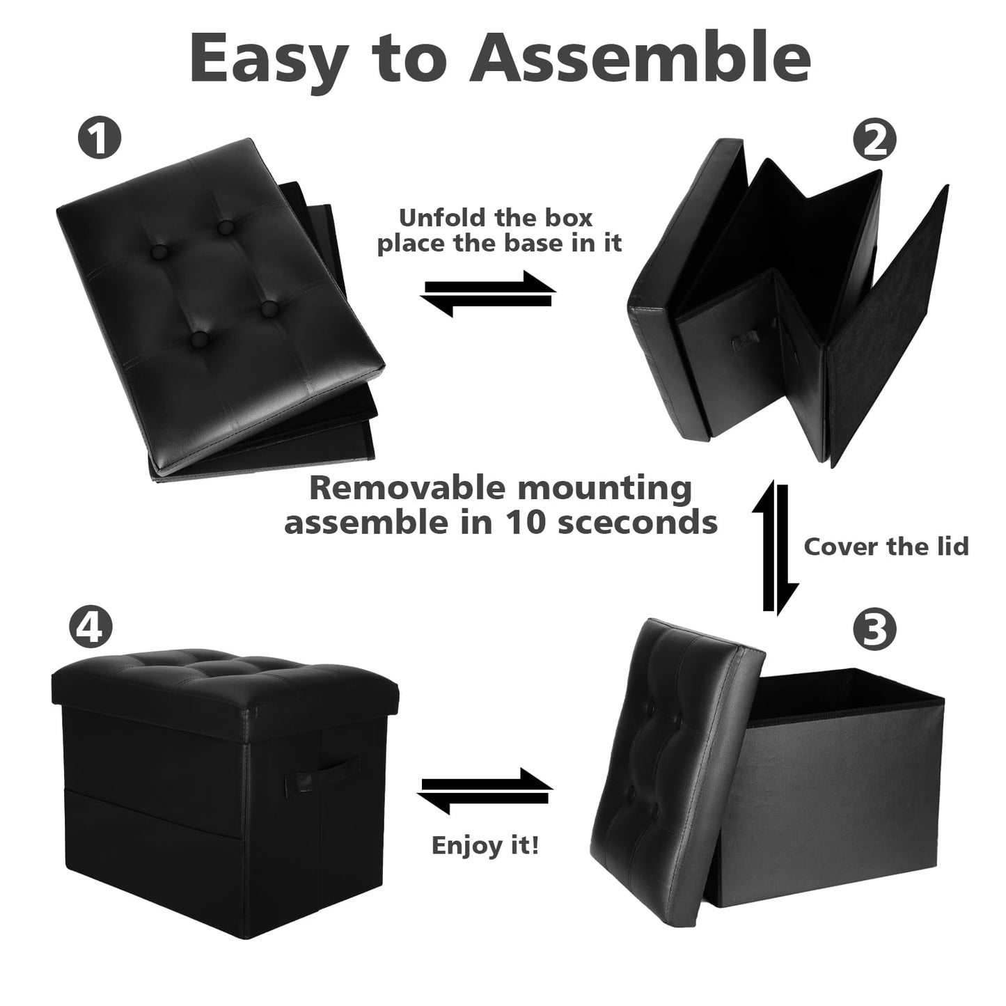 Storage Ottoman Foot Rest Stool with Thicker Foam Padded Seat. Foldable Leather Footstool Bench. Small Ottoman with Storage for Living Room Bedroom Coffee Table 350 lbs, 17x13x13in, Black.