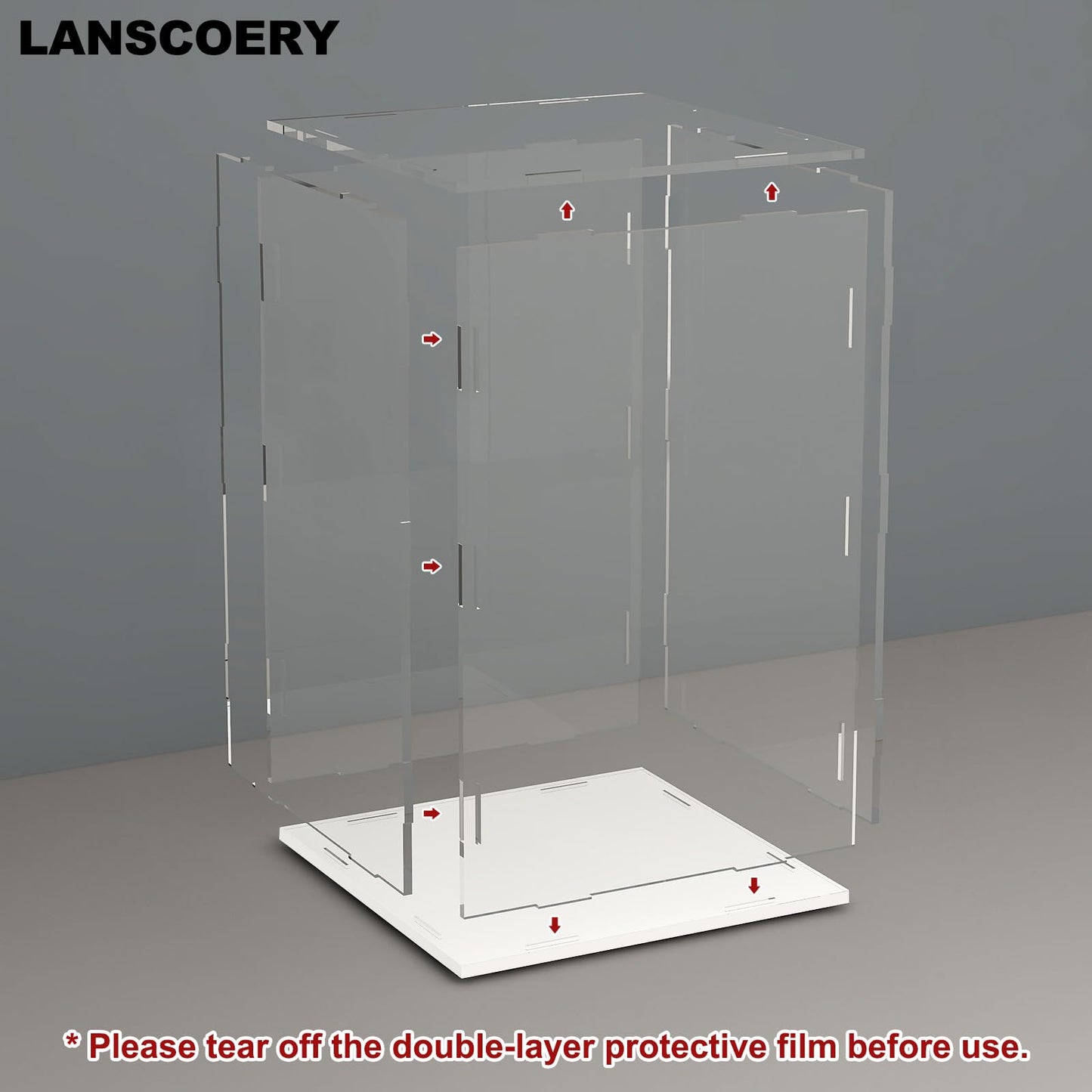 LANSCOERY Acrylic Display Case, 4.7x4.7x7 in, Upgraded Thickened UV-Resistant Showcase, 98% Clarity Dustproof Box with Glossy White Base for Action Figures, LEGO & Models, Scraper & LED Light