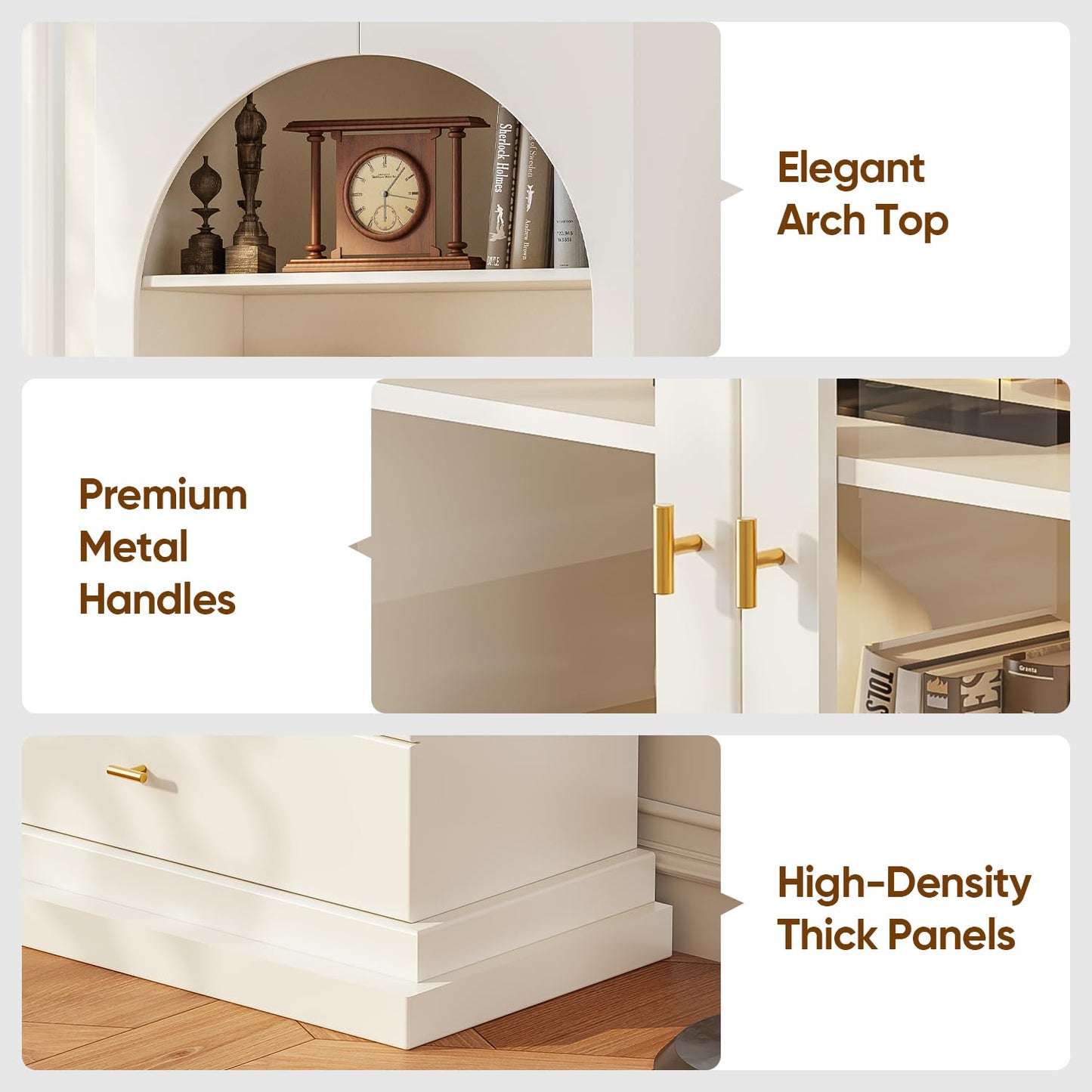 Vyre 71" Modern Tall Bookcase and Bookshelf, Triple Glass Door Display and Storage Cabinets with Drawers for Study or Home Office, White with Gold Handles, 2 of Set