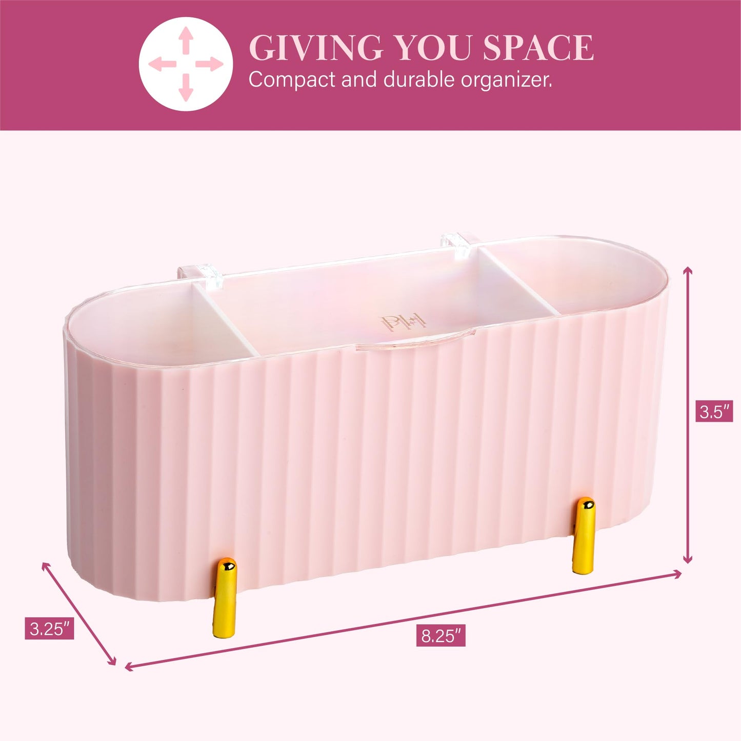 Paris Hilton Makeup & Storage Organizer with Lid, Customizable 3-Compartment Tray, Elegant Ribbed Design, Compact & Durable, Pink