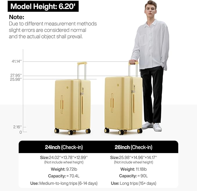 mixi 24'' Plus Trunk Luggage Medium Checked Luggage PC Hard Shell Rolling Travel Suitcases with Spinner Wheels & TSA Lock, Lark Yellow