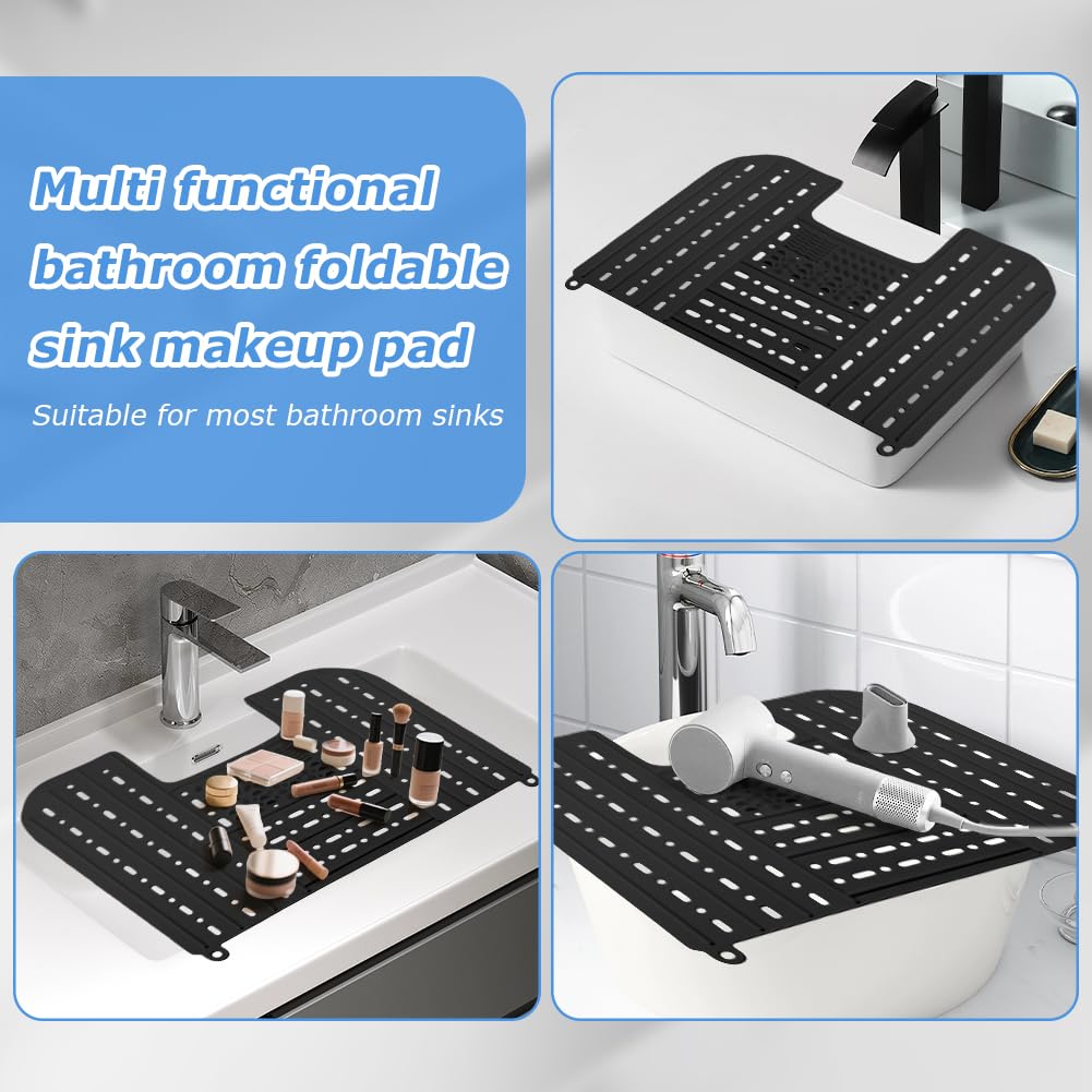 Bathroom Sink Cover & Storage Pouch,Foldable Sink-Cover for Counter Space,Silicone Beauty Makeup Brush Cleaning Mat,RV Camper Sinks Cover & for Small Spaces(COLOR:Black)