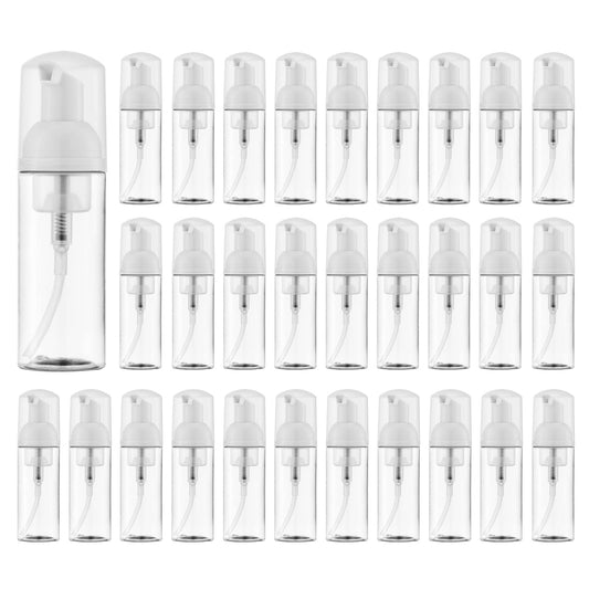 Owlyee Travel Foam Pump Bottle - 2oz Small Size Foaming Hand Soap Dispenser - Mini Portable Mousse Lash Shampoo Kit Container for Hair - Empty Leak Proof Plastic Clear Foamer 30Pack