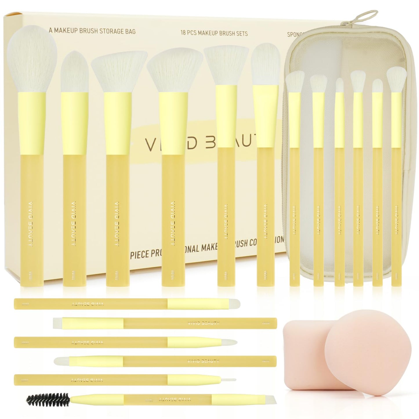 Yellow Make up Brush Set – 18PCS Makeup Brushes for Powder, Foundation, Eyeshadow – With Rubber Coated Handles, Painted Aluminum Ferrules, Travel Bag & 2 Makeup Sponges– For Women & Beginners