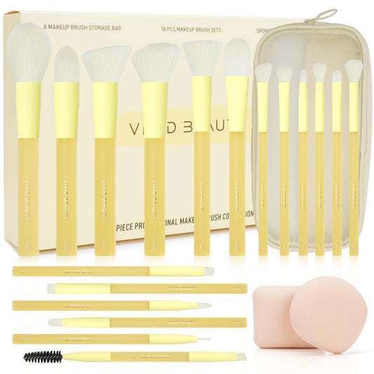 Yellow Make up Brush Set – 18PCS Makeup Brushes for Powder, Foundation, Eyeshadow – With Rubber Coated Handles, Painted Aluminum Ferrules, Travel Bag & 2 Makeup Sponges– For Women & Beginners