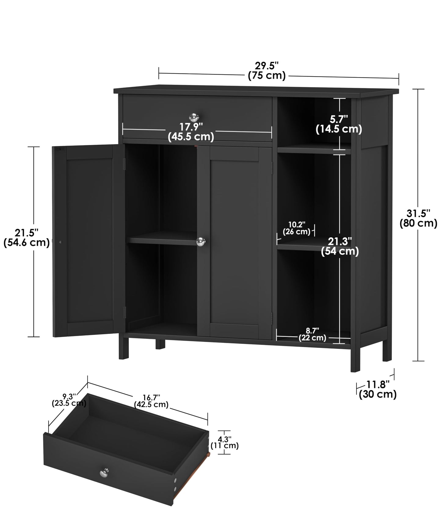 Keehusux Black Bathroom Floor Cabinet with Large Drawer, Floor Storage Cabinet with Doors & Adjustable Shelves, Modern Storage Cupboard with 3 Open Shelves for Kitchen, Living Room, Entryway